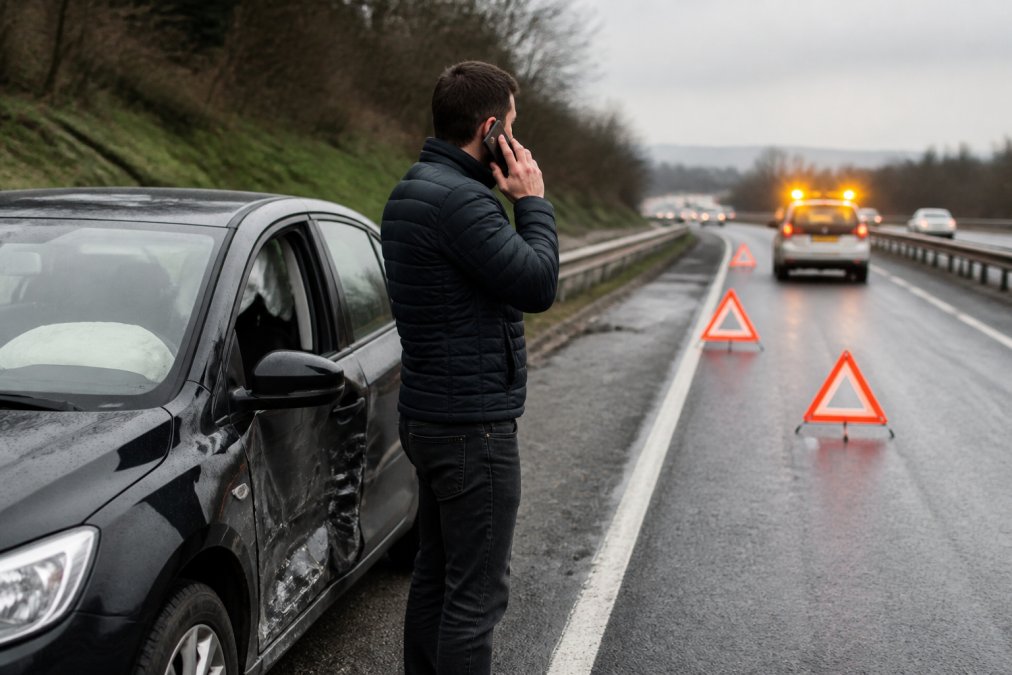Driver standing beside damaged vehicle on Scottish motorway, using mobile phone to contact emergency services, with warning triangles and hazard lights visible in background