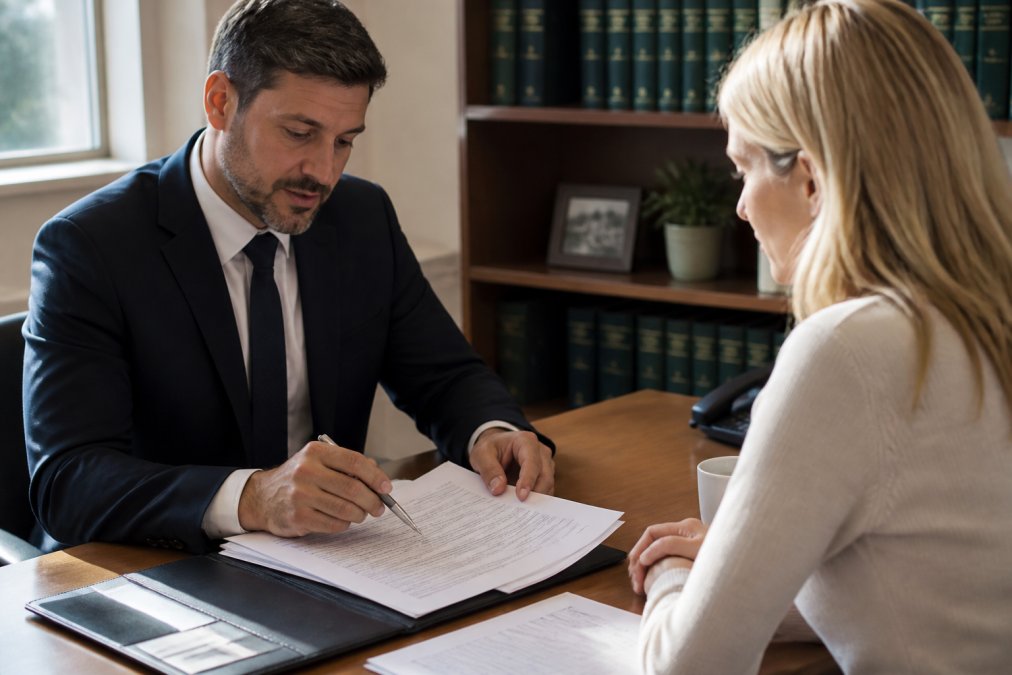 Legal professional in office reviewing accident documentation and injury claim paperwork with client across desk, natural lighting