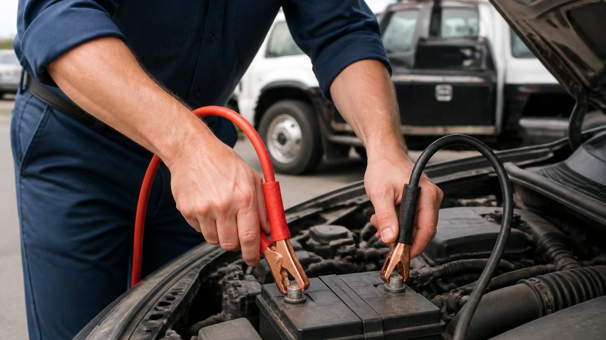 Professional technician connecting red and black jumper cables to vehicle battery terminals, showing proper connection sequence and safe hand positioning