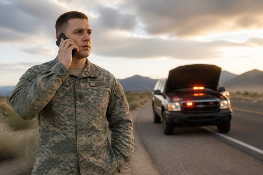 A military service member with a broken-down vehicle calls for roadside assistance military support on the highway.