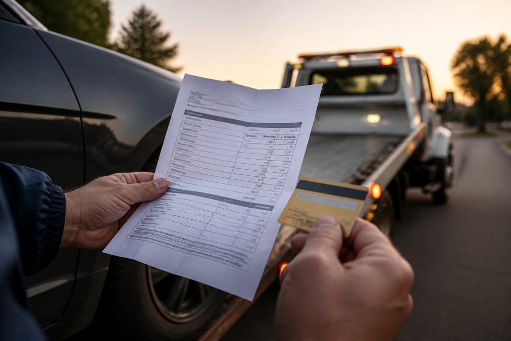 A close-up of a driver's hand holding a detailed itemized invoice next to a credit card, with a tow truck blurred in the background at dusk