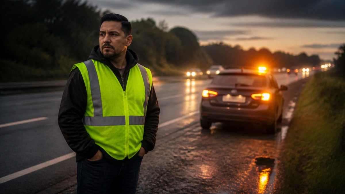 Driver standing safely outside vehicle on highway shoulder, wearing reflective safety vest, with emergency hazard lights flashing on car in background