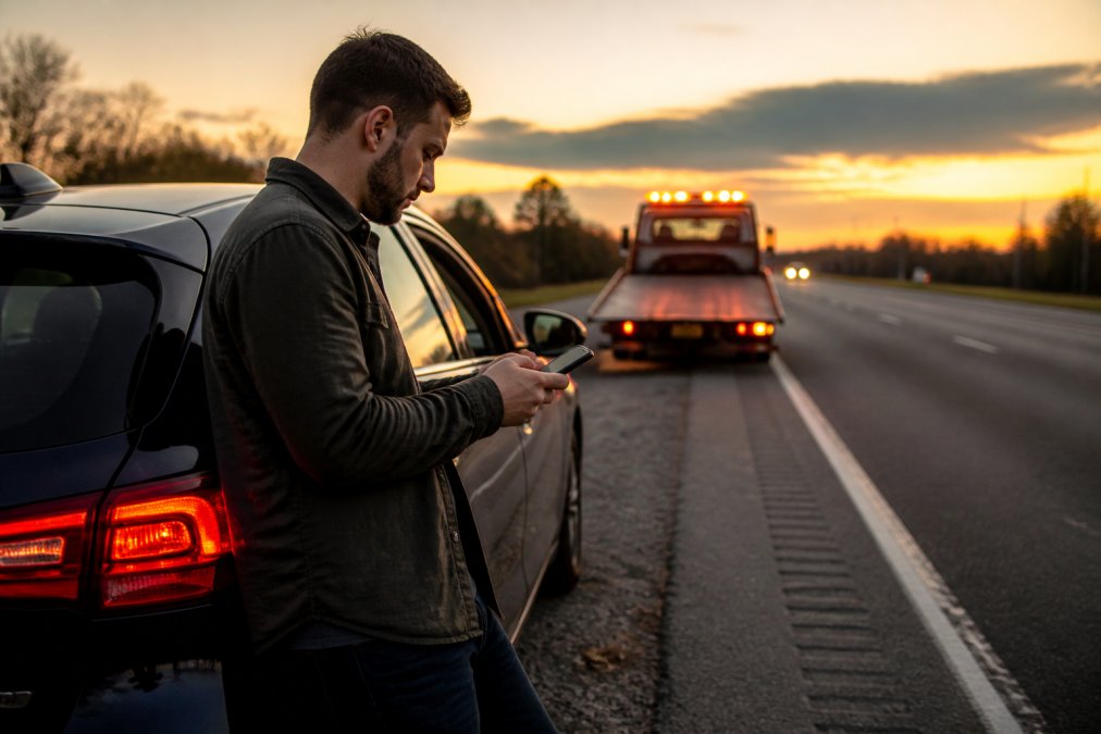 A driver stranded on the shoulder of a highway at dusk, looking at a smartphone while a tow truck approaches with flashing lights in the background
