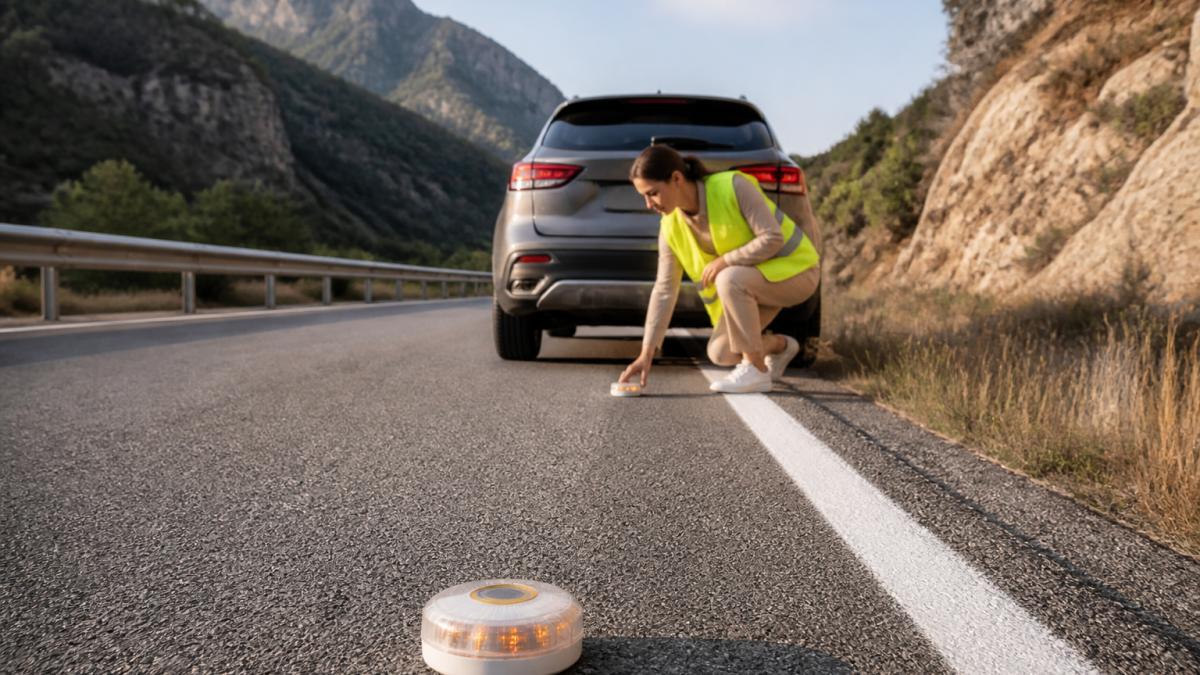Roadside Safety Devices in Spain: Legal Requirements Motorist in high-visibility vest activating a V-16 emergency beacon on the roadside, with the beacon positioned on the road surface behind a stationary vehicle during daylight, demonstrating proper placement and safety distance