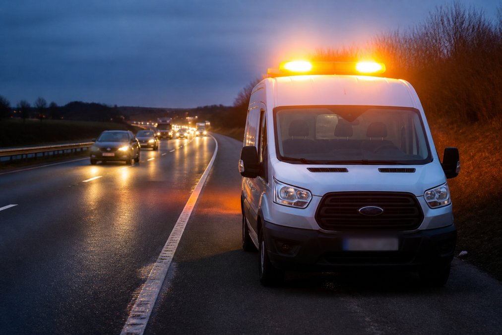 Roadside Safety Lighting for Fleet Managers: A 2026 Guide A stationary commercial vehicle parked on a motorway hard shoulder at dusk, with amber LED warning beacons activated on the roof, casting bright amber light visible against the darkening sky as approaching traffic passes in the distance