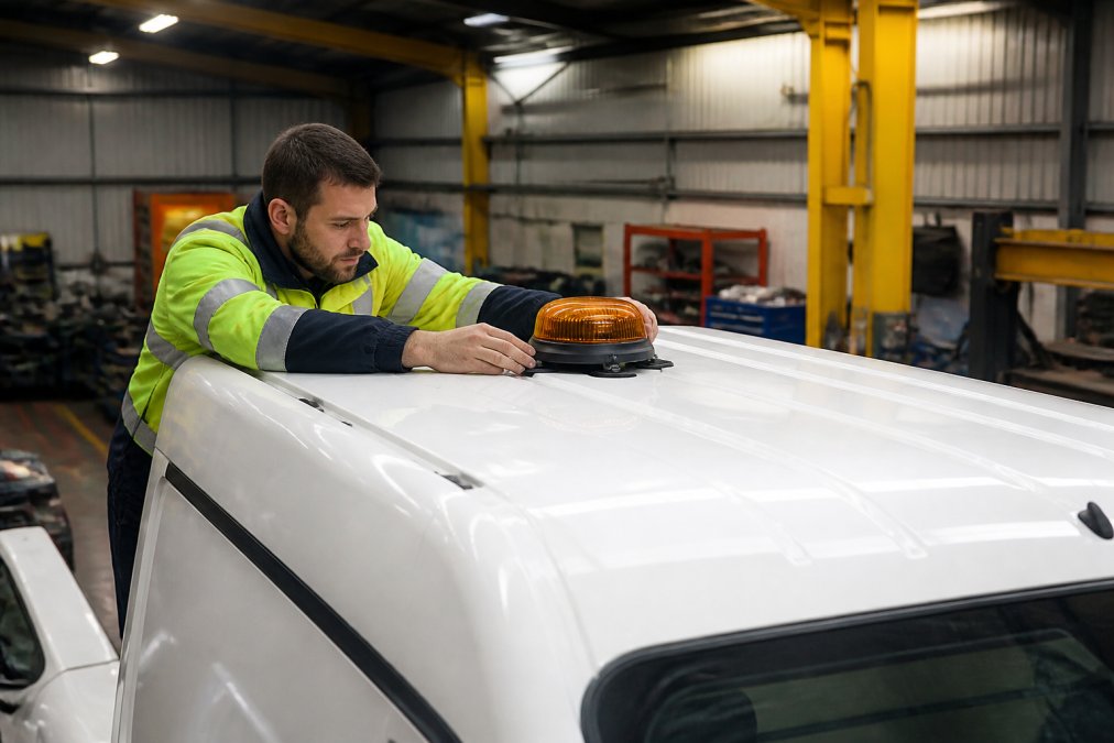 Roadside Safety Lighting for Fleet Managers: A 2026 Guide A fleet maintenance technician in high-visibility clothing installing a magnetic LED beacon on the roof of a white commercial van, carefully positioning the beacon near the centre of the roof while checking alignment, with workshop lighting and tools visible in the background