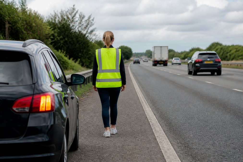 Roadside Safety Tips for UK Drivers Driver safely exiting a vehicle on the hard shoulder with hazard lights flashing, wearing a high-visibility vest, standing away from traffic with vehicles passing safely in the distance