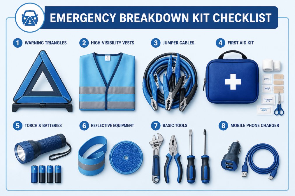 Roadside Safety Tips for UK Drivers Overhead view of an organised emergency breakdown kit laid out on a clean surface, showing warning triangles, high-visibility vests, jumper cables, first aid kit, torch with batteries, reflective equipment, basic tools, and a mobile phone charger neatly arranged