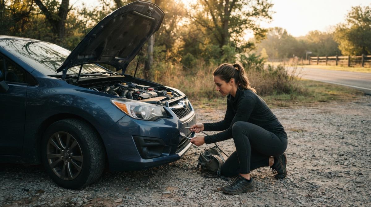 Woman in athletic wear checking tire pressure with gauge on passenger side of sedan, hood open, morning sunlight illuminating engine bay, gravel parking lot
