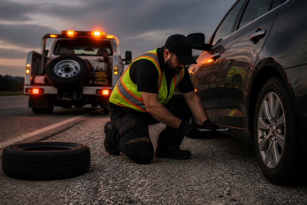 A technician in a high-visibility vest kneels beside a sedan on a safe roadside shoulder, using a lug wrench to loosen a wheel while the service truck with amber lights sits behind with a spare tire ready