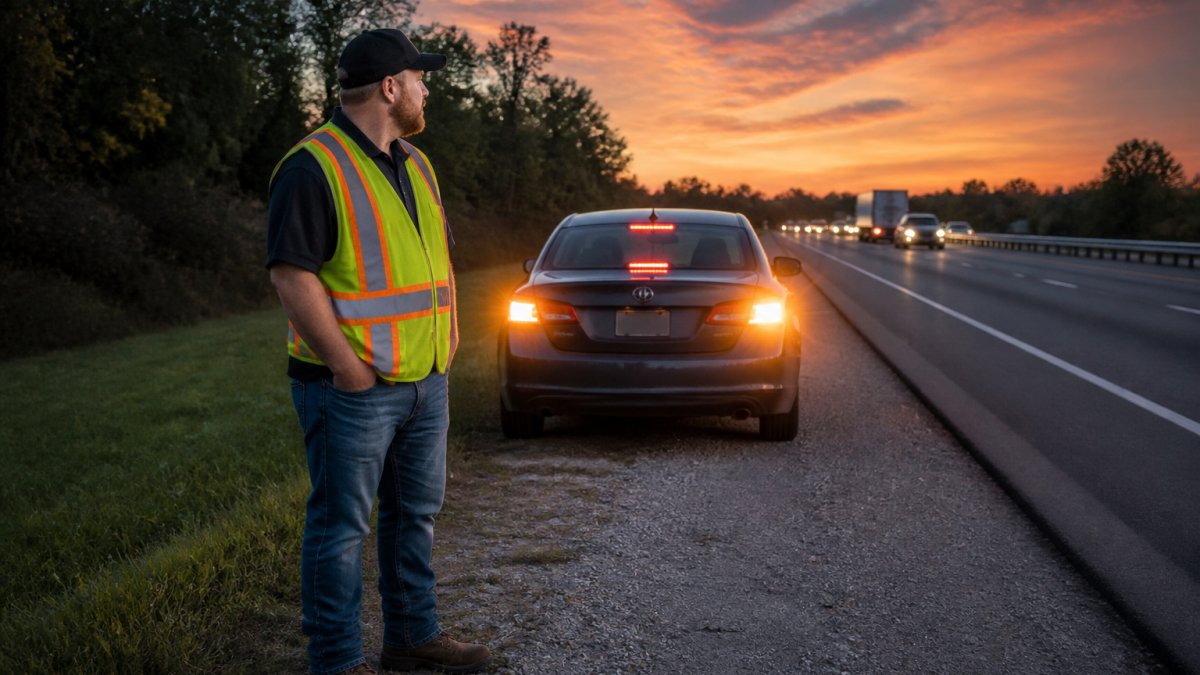 Driver standing safely outside their vehicle on the roadside at dusk, positioned well away from traffic with hazard lights visible on the car behind them