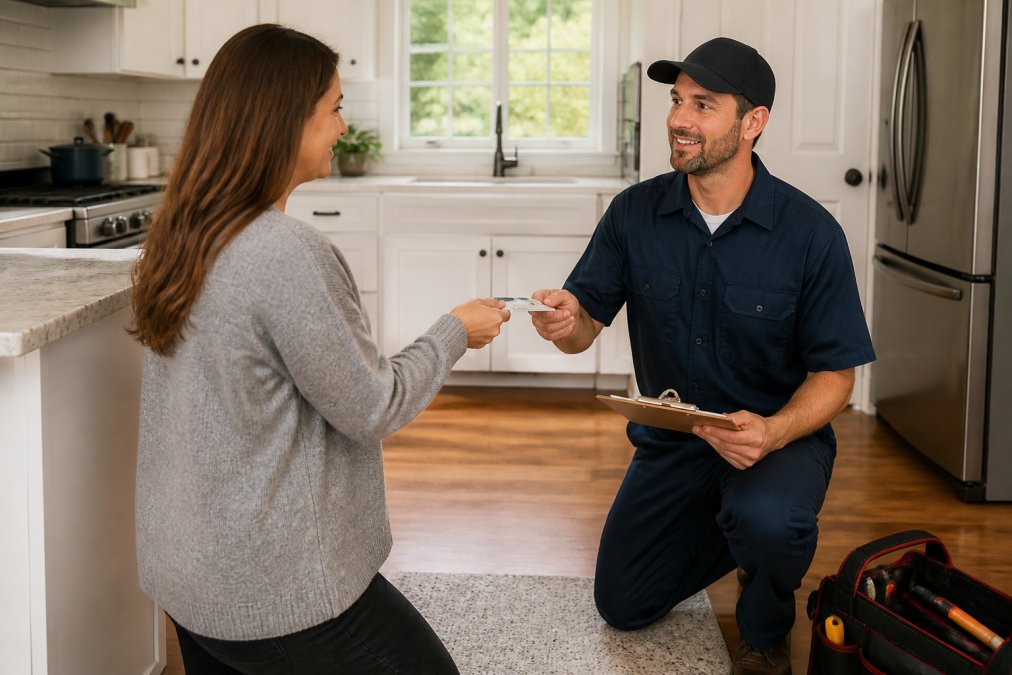 Homeowner showing military ID to a Roanoke plumber with military discount in a kitchen