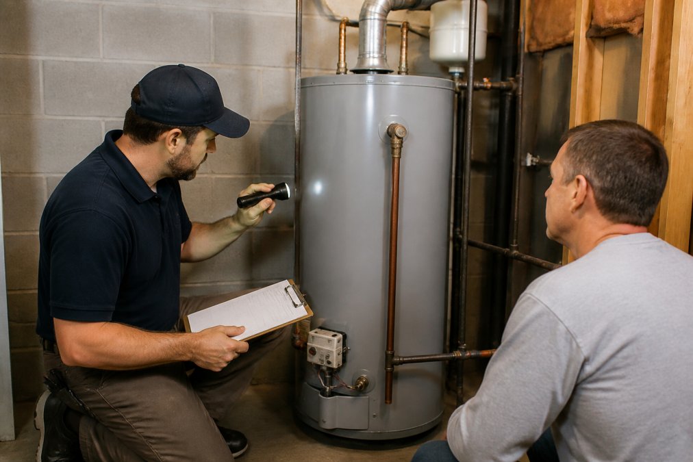 Plumbing technician inspecting a water heater during a residential plumbing maintenance plan visit