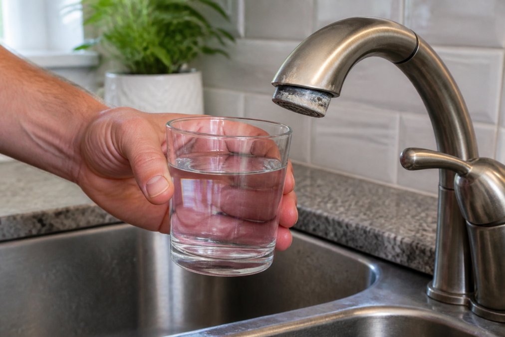 Close-up of a homeowner's hands holding a clear glass of tap water next to a kitchen faucet with visible white mineral crust around the aerator in a bright home kitchen