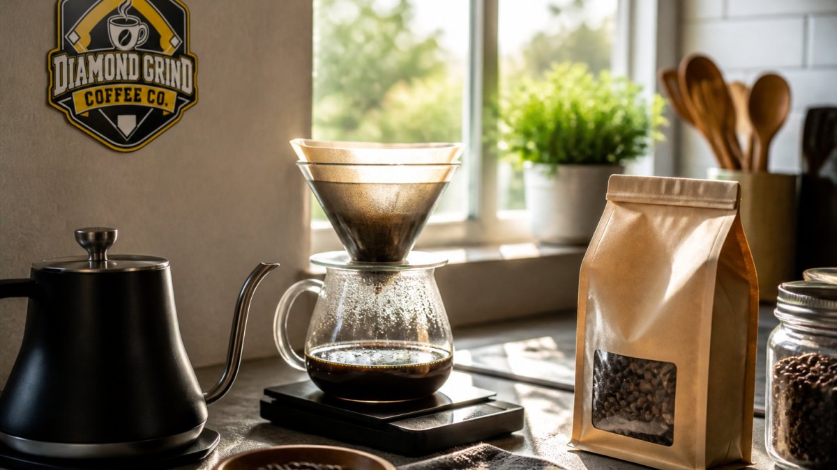 A home brewer's kitchen counter with a pour-over setup, a bag of whole bean coffee, and a digital scale, morning light through a window