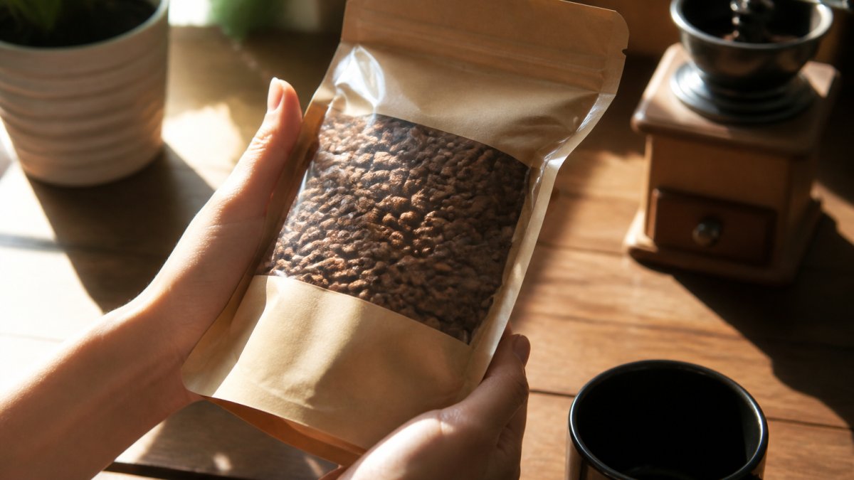 Hands holding a kraft bag of coffee beans with a visible roast date printed on the label in morning sunlight