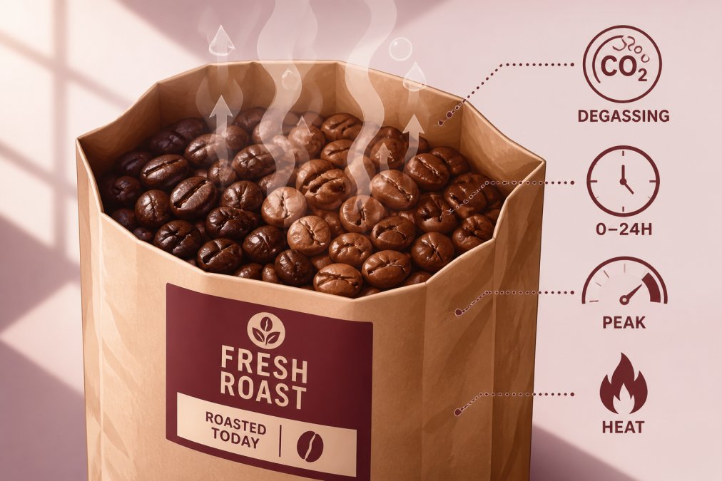 Close-up of freshly roasted dark and medium brown coffee beans in a kraft paper bag with visible steam rising from the beans, showing active degassing shortly after roasting, with natural morning light streaming across the surface