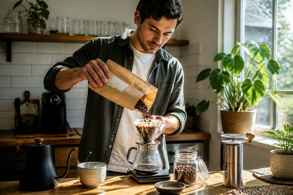 A coffee enthusiast in a bright, modern kitchen carefully pouring freshly roasted specialty beans from a kraft paper bag with a visible roast date label into a glass pour-over dripper, with morning sunlight illuminating the beans mid-pour
