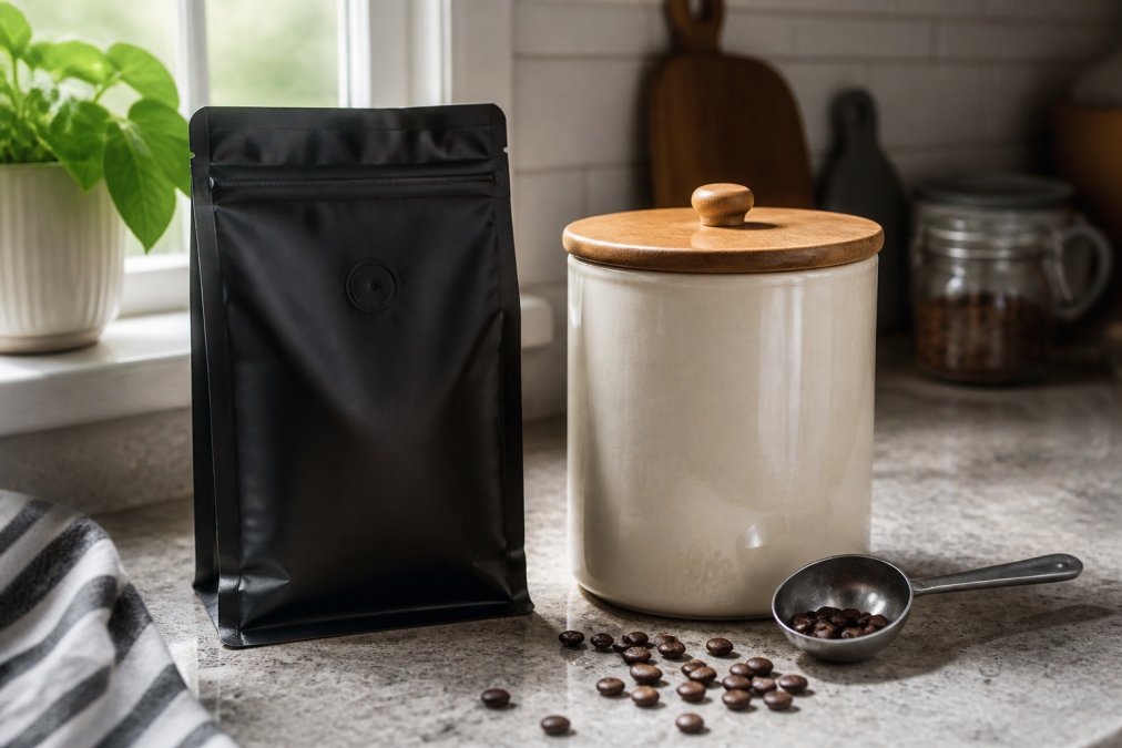 An airtight valve-sealed coffee bag sitting next to a ceramic canister on a kitchen counter, with whole coffee beans and a small scoop visible nearby, soft morning light from a window