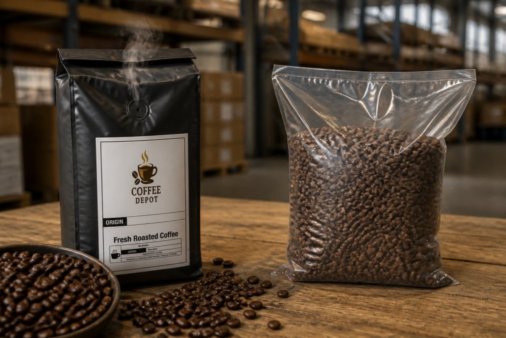 Close-up of freshly roasted coffee beans with visible sheen and steam rising from a one-way valve bag, contrasted with dull, matte warehouse beans in clear packaging under fluorescent lighting