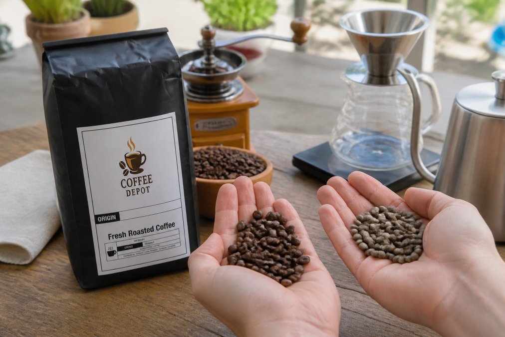 Hands holding a handful of fresh roasted coffee beans with visible sheen and vibrant brown color, positioned next to aged warehouse beans that appear dull and gray-toned, photographed in natural daylight