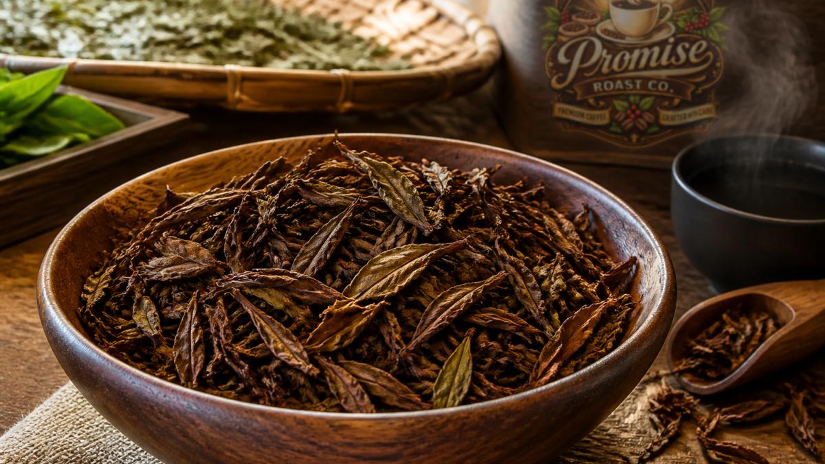 Close-up of roasted green tea leaves displaying rich brown and reddish-brown color in a wooden bowl with warm natural lighting highlighting the toasted texture