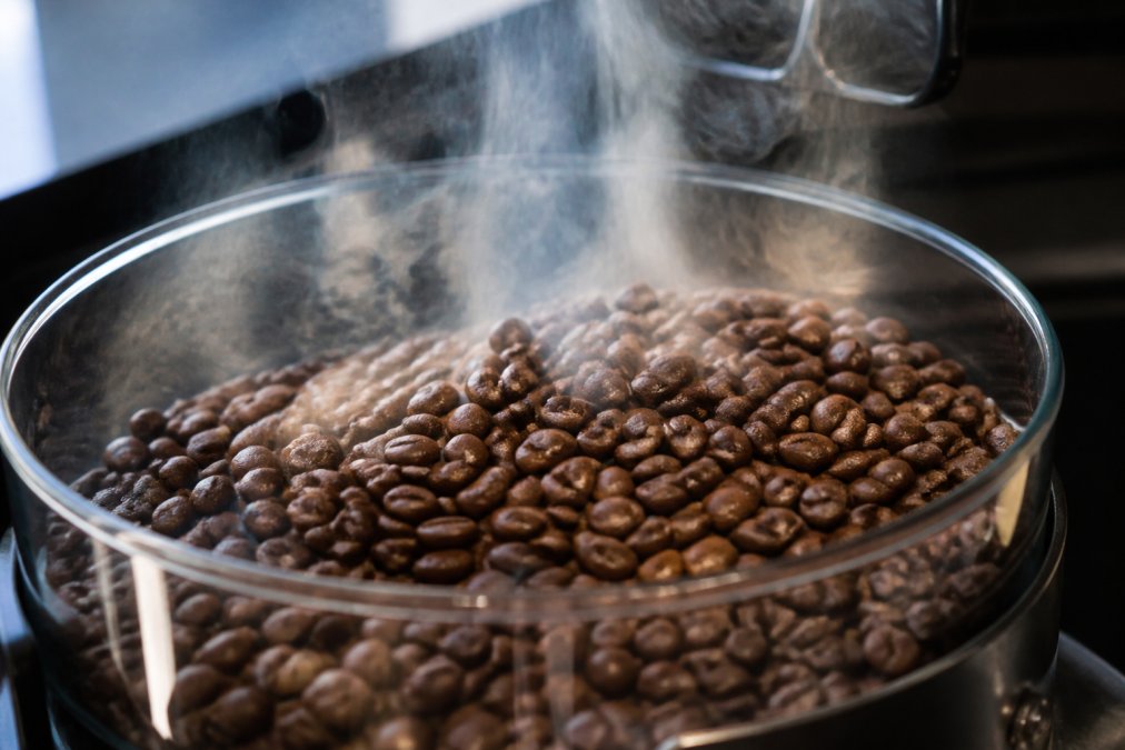Close-up of freshly roasted coffee beans in a clear glass container, showing visible steam rising from the beans, with soft natural light highlighting the rich brown color and surface texture