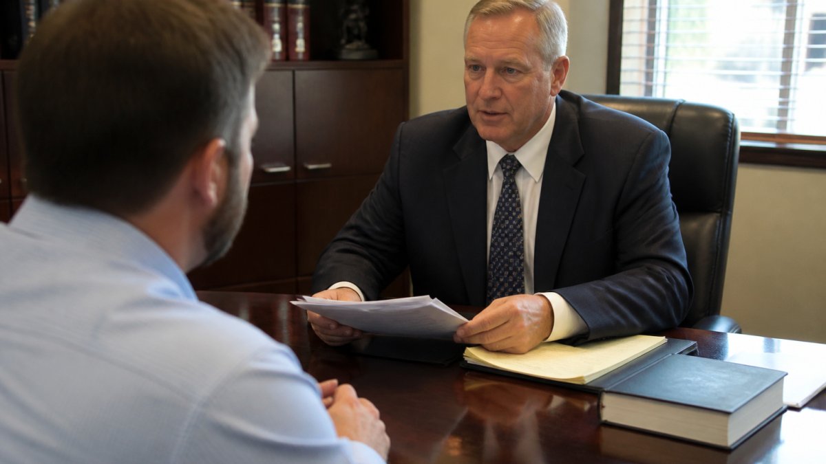 Professional attorney in business attire sitting at desk in law office, reviewing documents with client seated across from table, natural office lighting streaming through windows