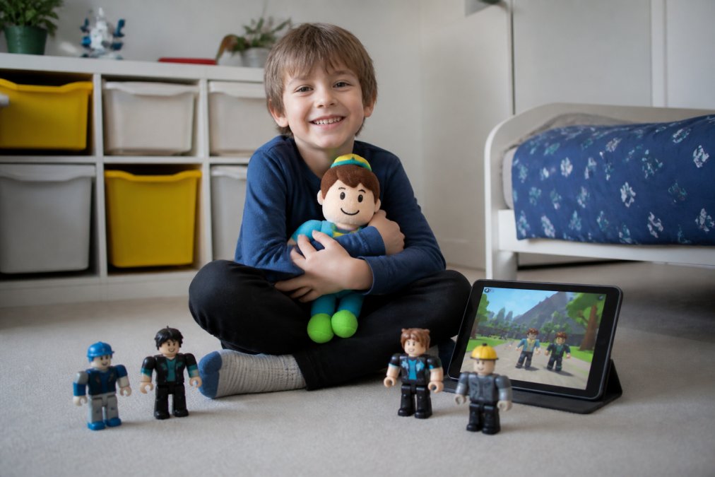 A cheerful 7-year-old child sitting cross-legged on a bedroom floor, hugging a colourful Roblox plush toy, surrounded by a few small Roblox figures and a tablet showing the game