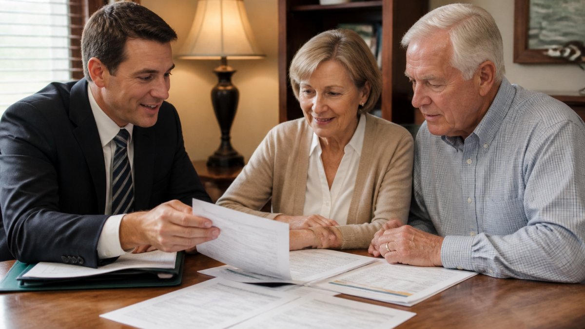 Financial advisor in professional attire meeting with a retired couple at a wooden desk, reviewing printed retirement portfolio statements and tax documents under warm office lighting