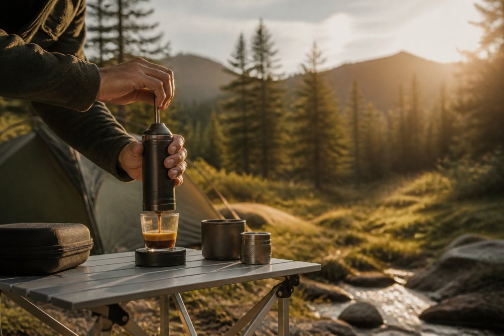 Hænder pumper en bærbar espressomaskine på et campingbord med telt og skovbakgrund i det fjerne, morgensolskin skinner gennem træerne