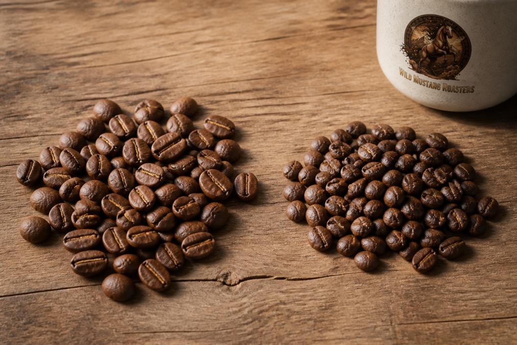 Close-up overhead view of loose arabica and robusta coffee beans sorted into two piles on a wooden surface, showing the distinct size and shape differences between the larger oval arabica beans and smaller rounder robusta beans, with natural morning light