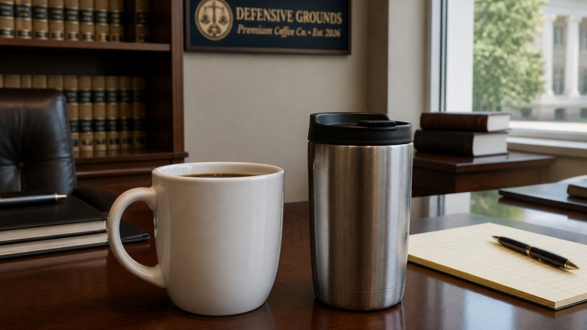 Two cups of coffee side by side on a desk in a law office, one with a sleek modern mug and one with a travel tumbler, natural light from a window