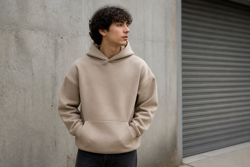 A young adult wearing an oversized heavyweight fleece hoodie in a neutral color, standing against a clean urban wall with soft daylight, showing the boxy drop-shoulder fit and thick fabric drape