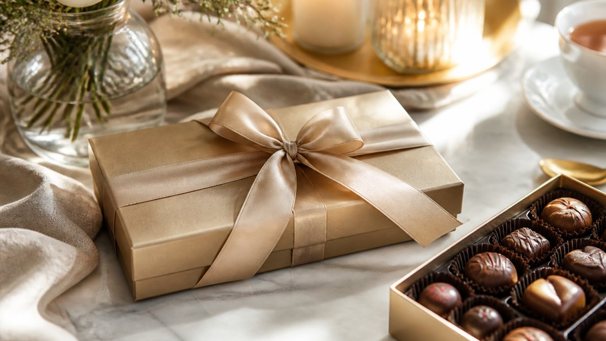 Elegantly wrapped premium chocolate box with refined packaging displayed on a marble surface with soft natural lighting, ready for gifting