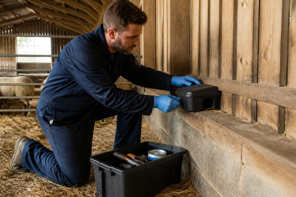 Experienced pest control technician in protective gloves carefully placing a bait station inside a wooden barn structure, demonstrating proper placement height and positioning away from livestock areas, with natural daylight filtering through the barn windows