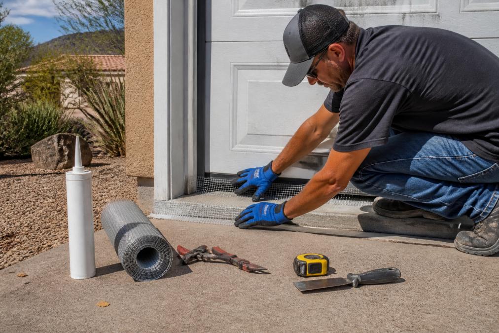 A homeowner in work gloves sealing a gap under a garage door with metal mesh and sealant, desert landscaping visible in the background, bright daylight