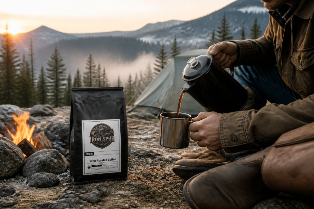 Outdoor enthusiast pouring fresh-brewed coffee from a cast iron percolator into a metal mug at a mountain campsite at sunrise, with pine trees and morning mist in the background