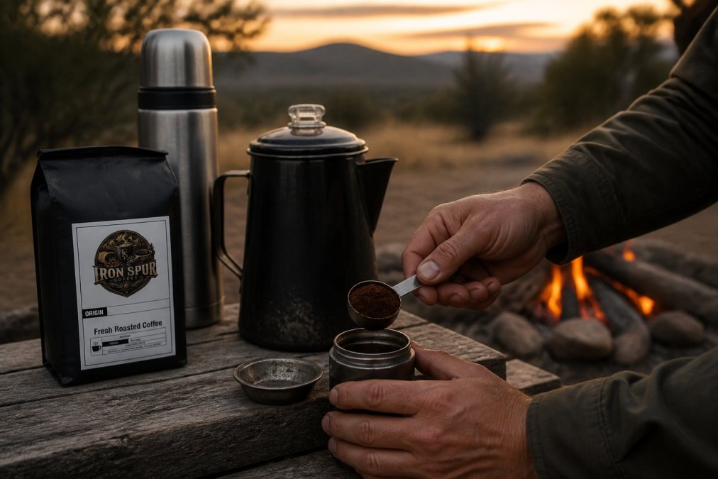 Close-up of hands measuring coffee grounds beside a campfire, with a cast iron percolator, coffee bag, and thermos visible on a weathered camping table at dusk