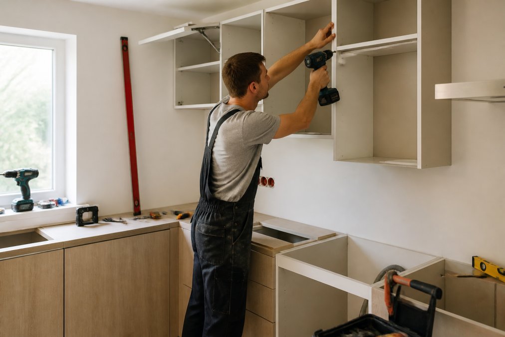 Montér instaluje skříňky pro moderní rohovou kuchyni na míru s použitím přesného nářadí a měřidel během montáže.