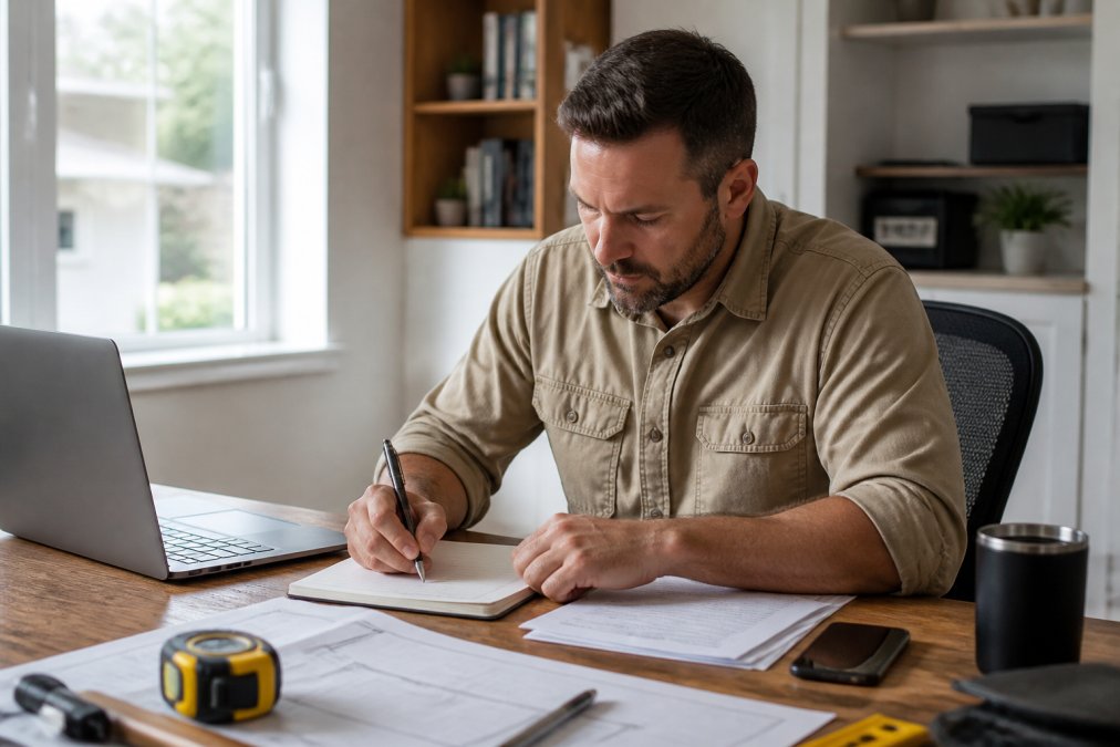 Contractor reviewing business numbers on a laptop to calculate the ROI of marketing automation for residential contractors