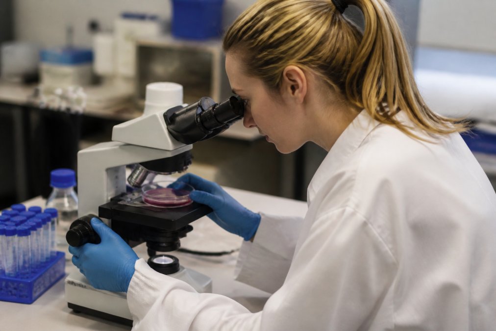 A researcher in a laboratory coat examining a petri dish under a microscope, with a computer screen showing molecular structures in the background