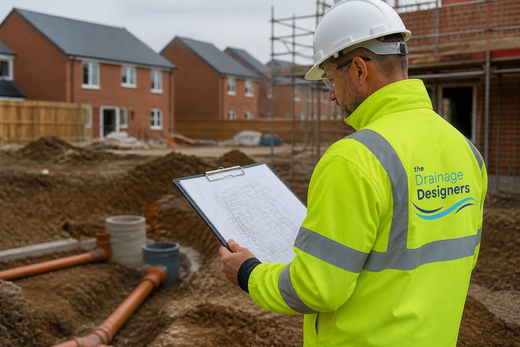 A civil engineer in high-visibility clothing reviewing drainage plans on a clipboard at a residential building site, with excavated ground and pipework visible in the background