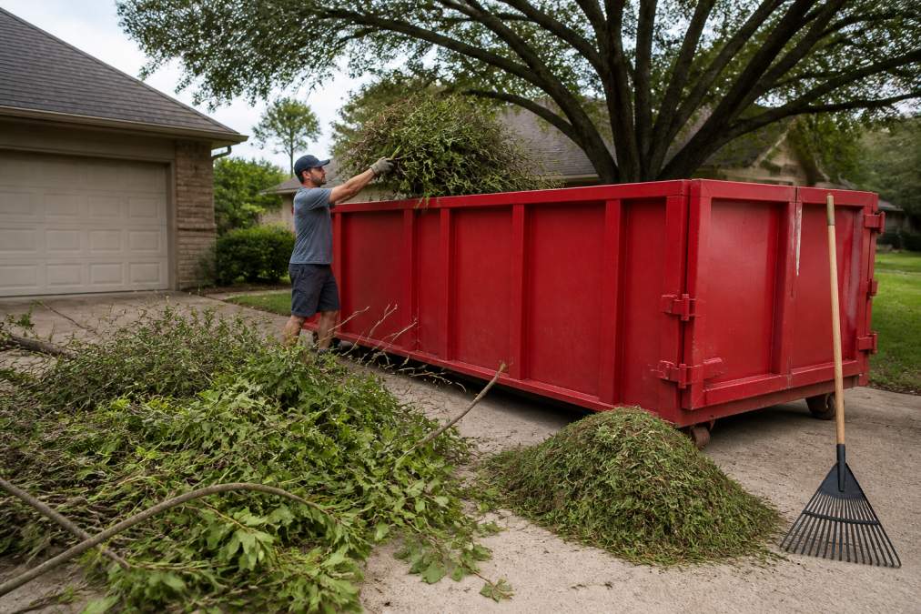 Homeowner loading yard waste including branches and grass clippings into an open-top roll-off dumpster positioned on a residential driveway, with organized piles of debris nearby
