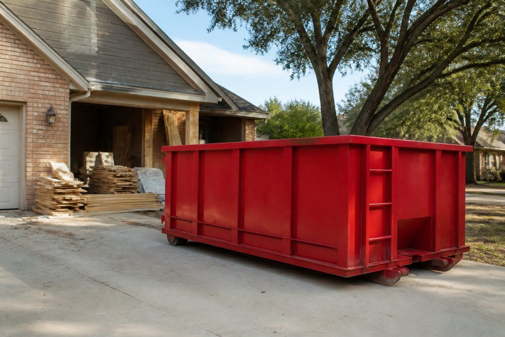A roll-off dumpster positioned on a residential driveway during daylight hours, with a home renovation project visible in the background showing building materials and construction activity