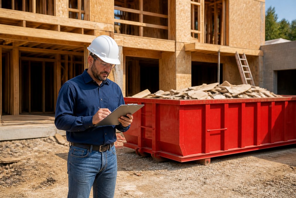 A contractor or property manager reviewing a clipboard next to a roll-off dumpster on an active job site, showing coordination between waste disposal and construction activities