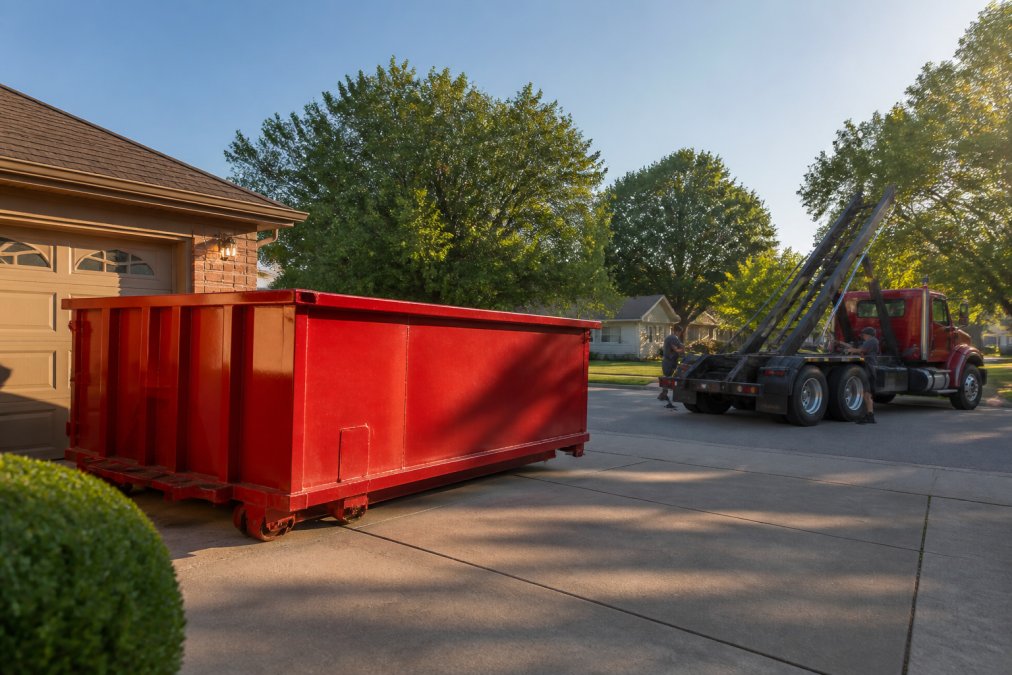 Professional roll-off dumpster being positioned in a residential driveway during morning delivery, service truck visible in background with operator managing the hydraulic arm