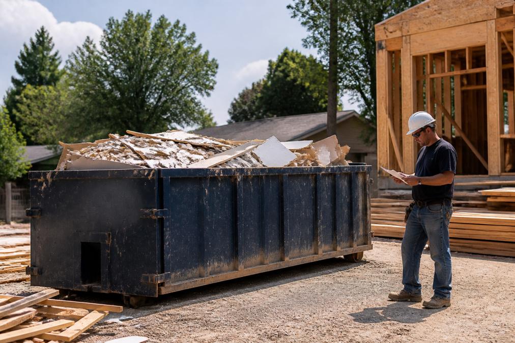 A large roll-off container positioned on a residential construction site, surrounded by lumber scraps and drywall debris, with a worker in a hard hat standing nearby reviewing paperwork on a clipboard in afternoon sunlight