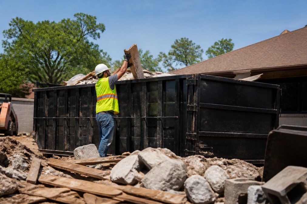 A construction crew member in a high-visibility vest and hard hat loading demolition debris evenly into an open roll-off dumpster on a job site, with concrete rubble and lumber visible around the container in midday light