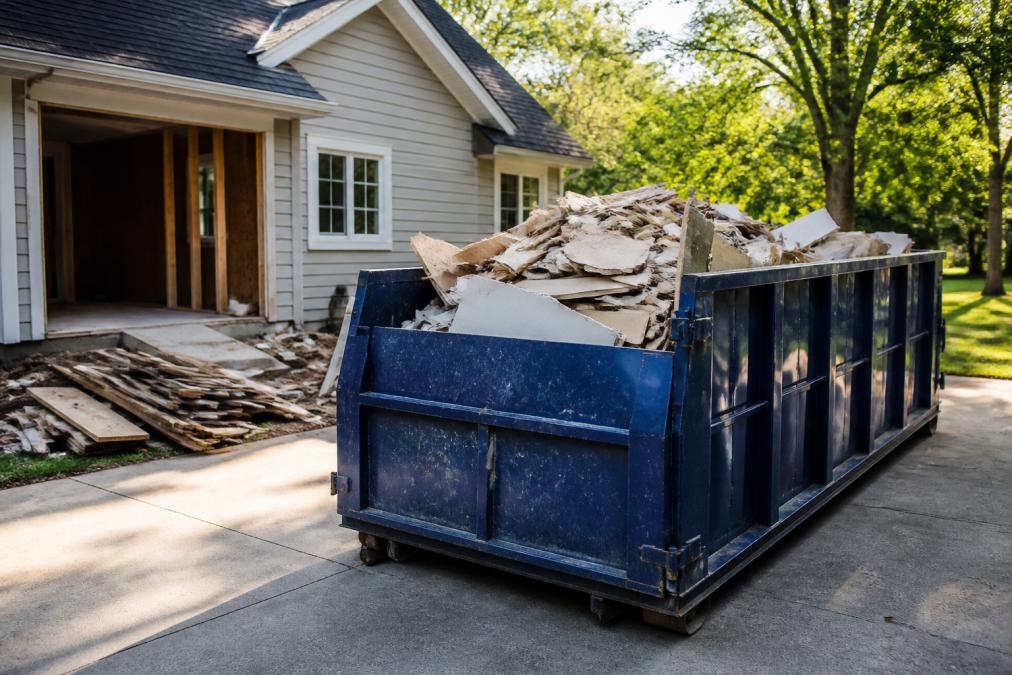A large roll-off container sitting in a residential driveway next to a home renovation project, with construction debris visible inside the open-top dumpster under afternoon sunlight